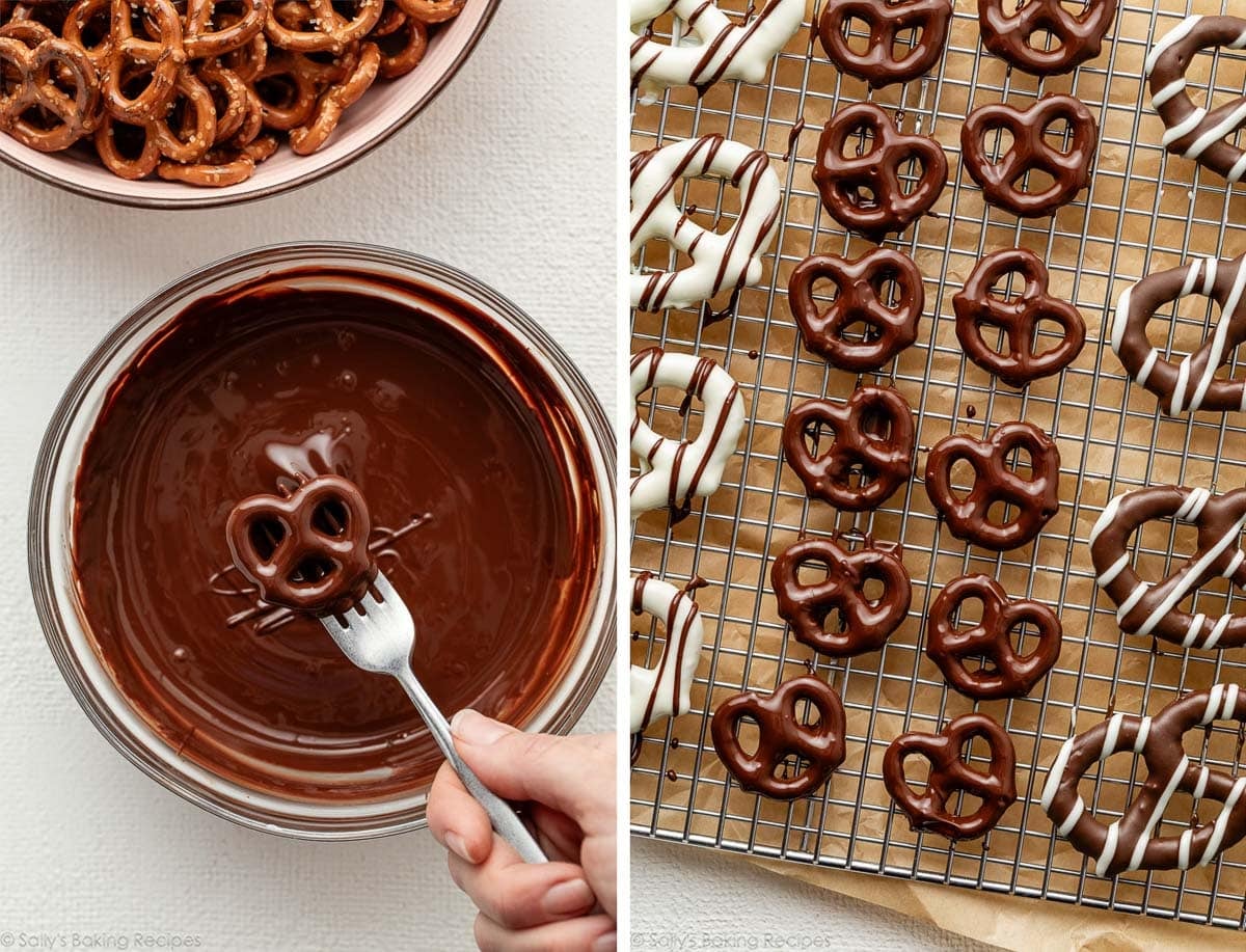 fork holding dipped pretzel and chocolate pretzels shown on cooling rack.