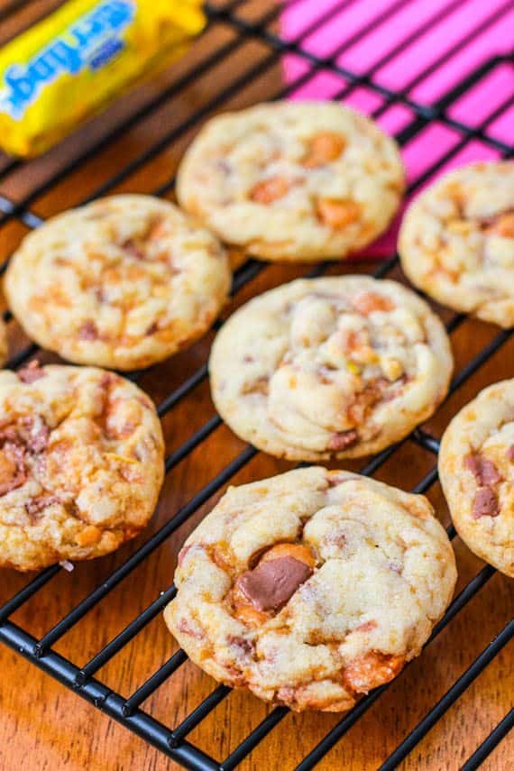 chewy Butterfinger cookies on a cooling rack