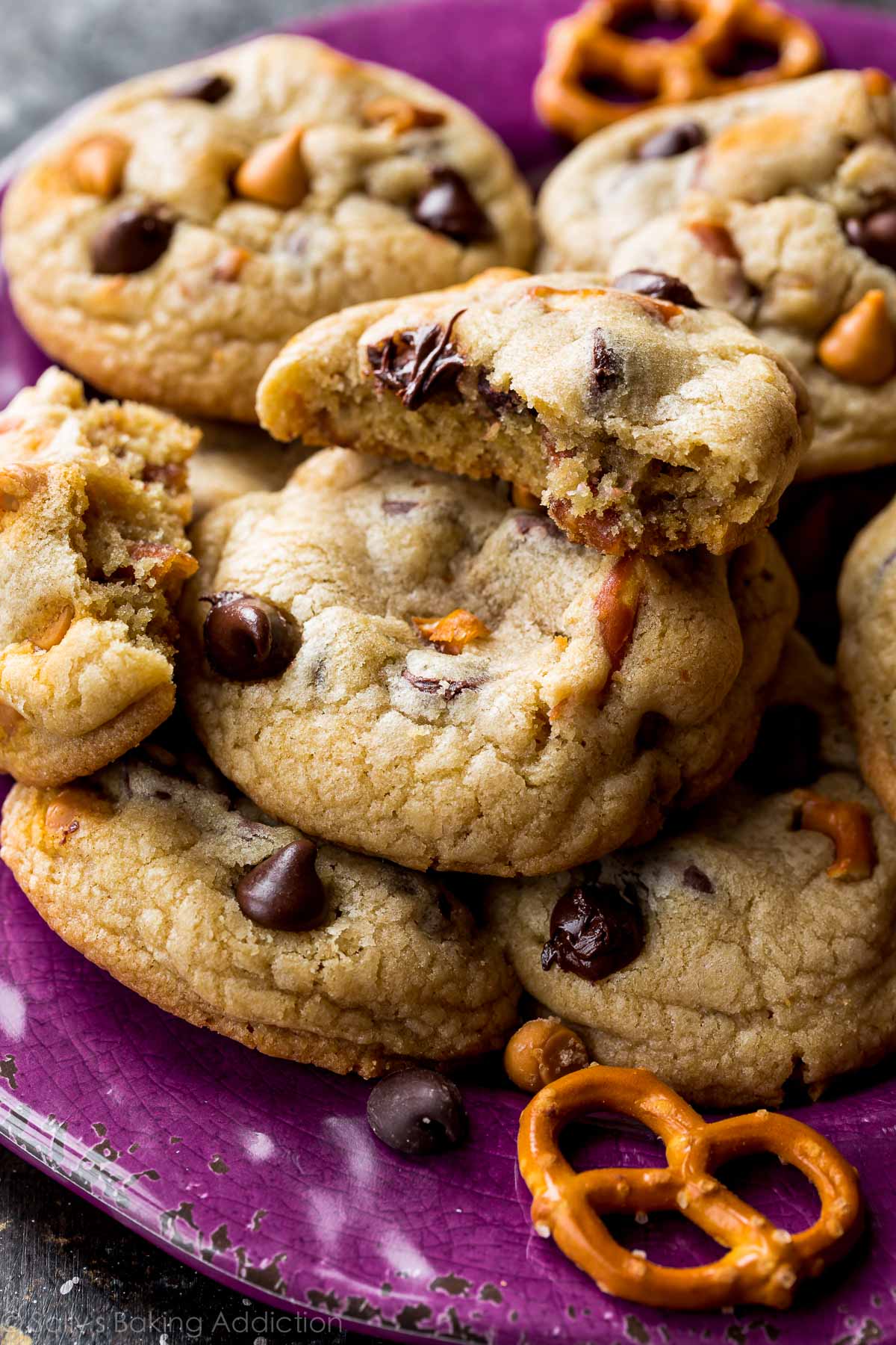 butterscotch pretzel chocolate chip cookies on a purple plate