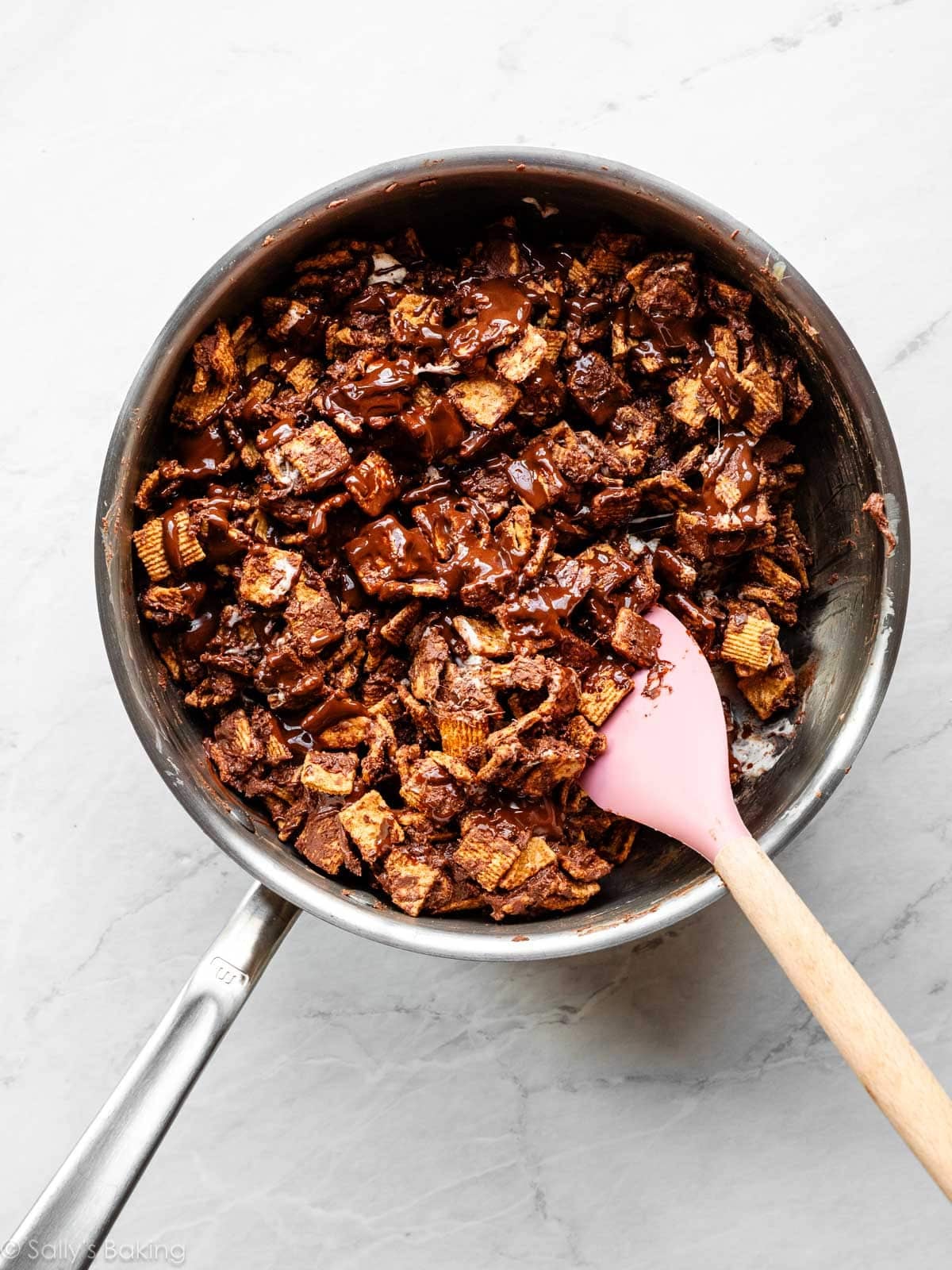 cereal and chocolate mixture in pot.