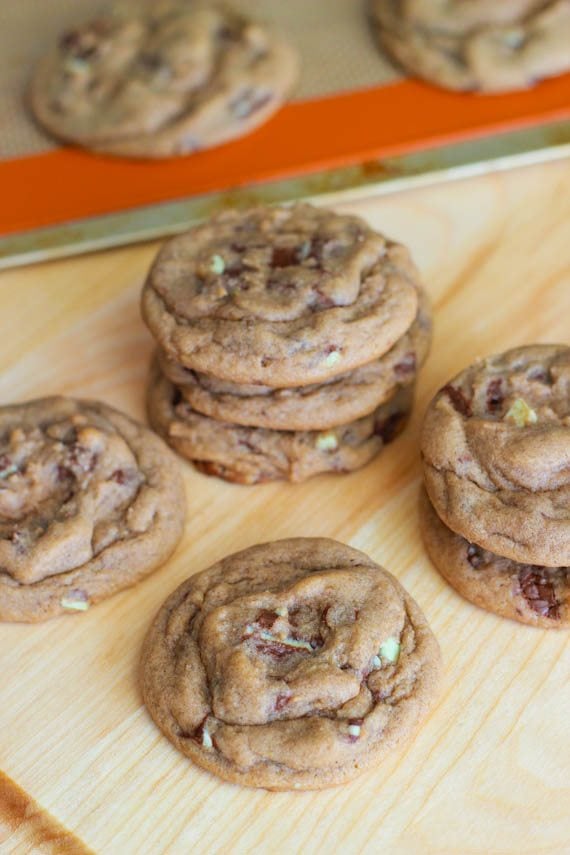 stack of Andes mint chocolate chunk cookies