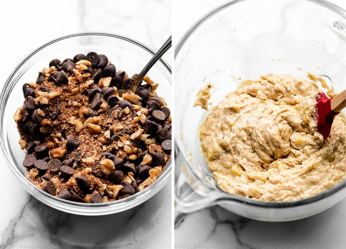 chocolate chip walnut cinnamon streusel mixture and banana batter in glass bowls.