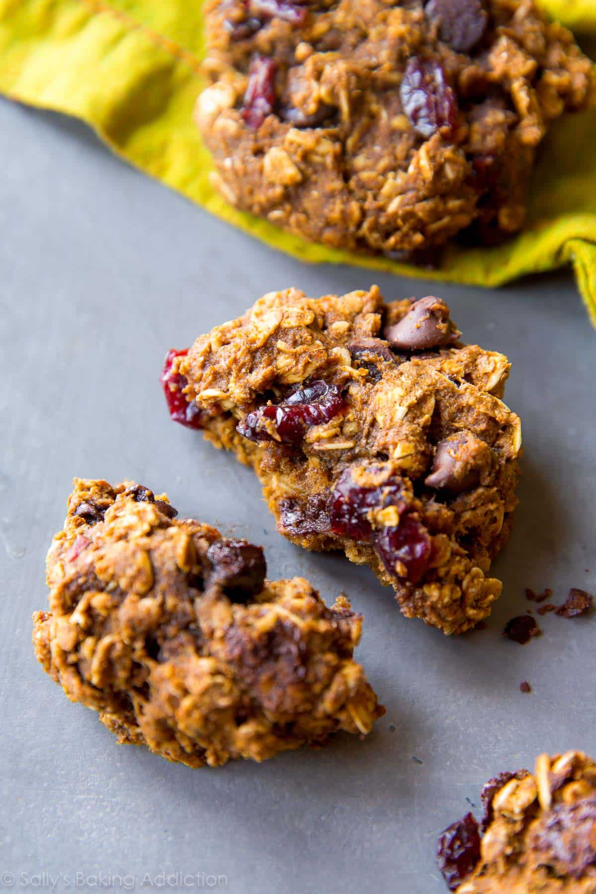 healthy pumpkin chocolate chip oatmeal cookie broken in half