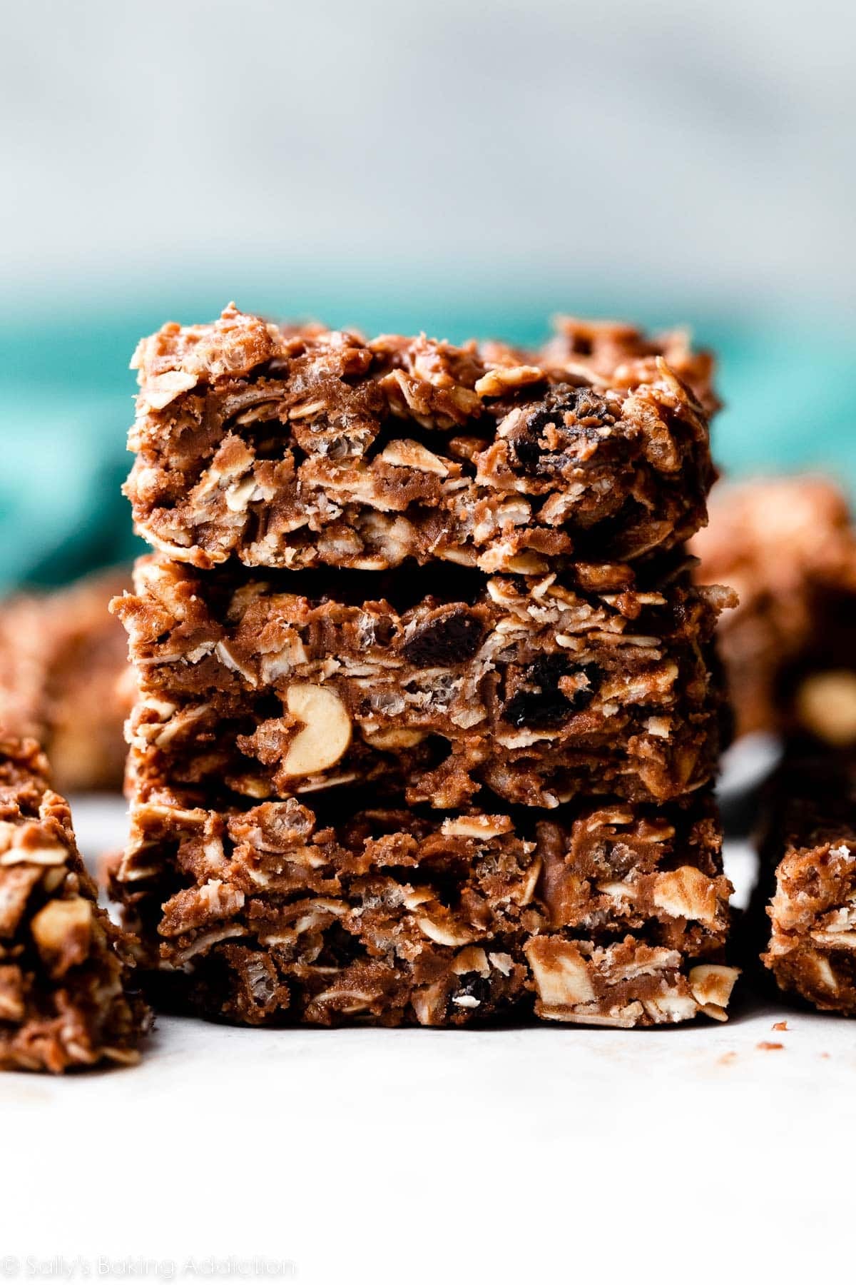 stack of 3 chocolate fudge oat bars.