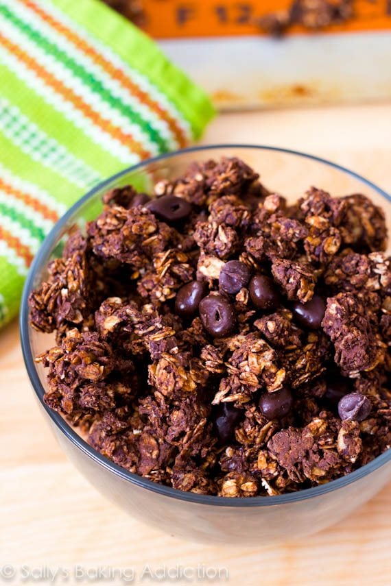 triple chocolate granola in a glass bowl