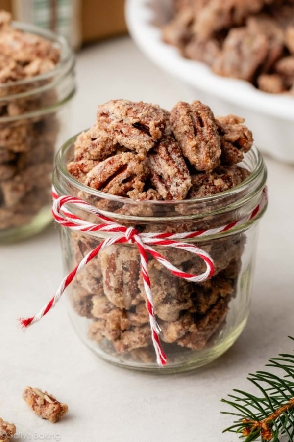 candied pecans in jar.