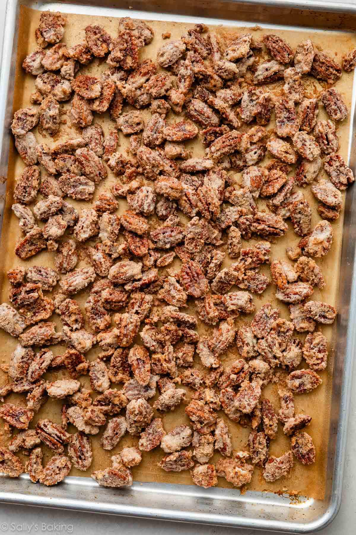 candied pecans on lined baking sheet.