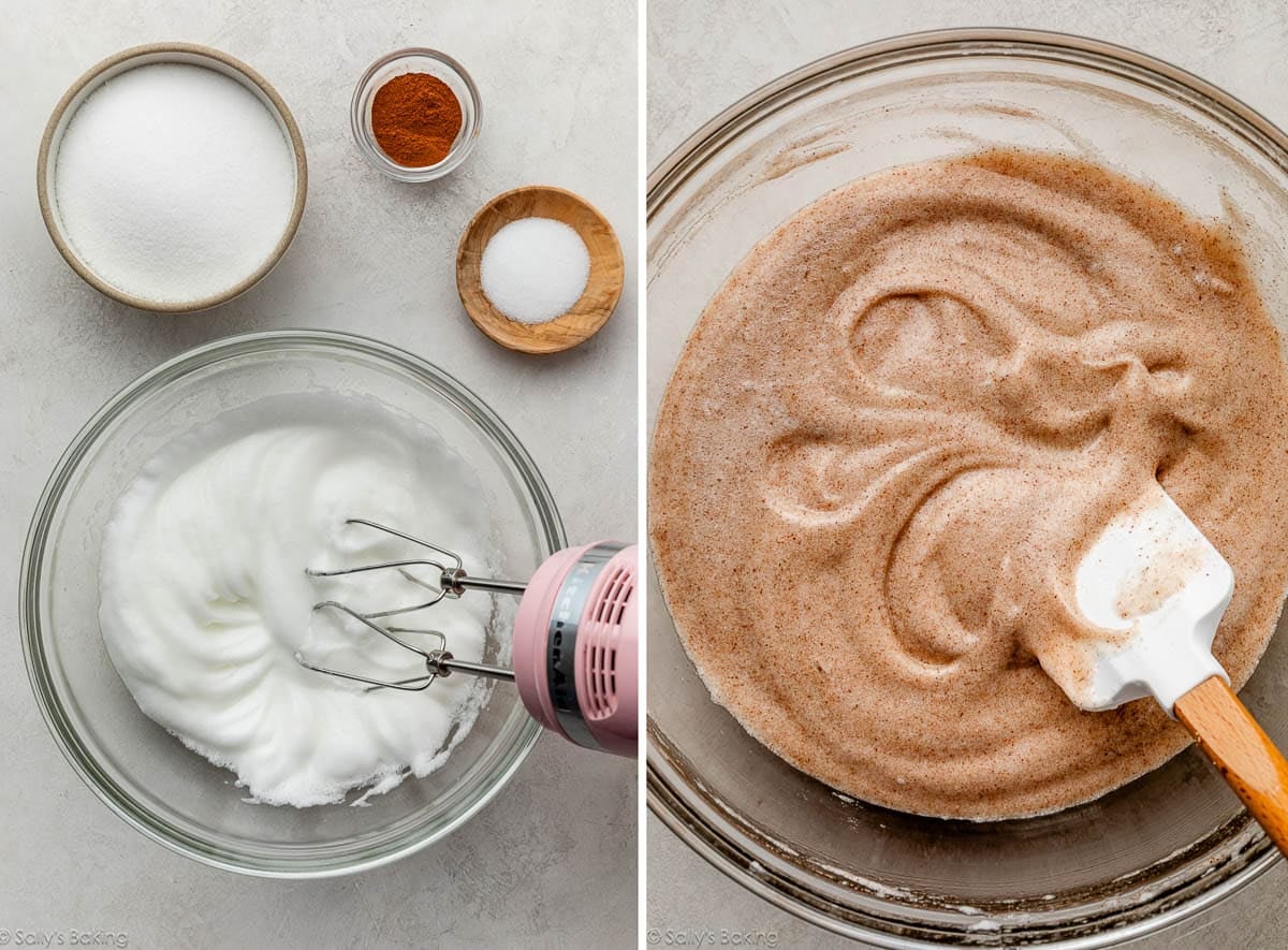 whipped egg whites and shown again with cinnamon and sugar folded in.