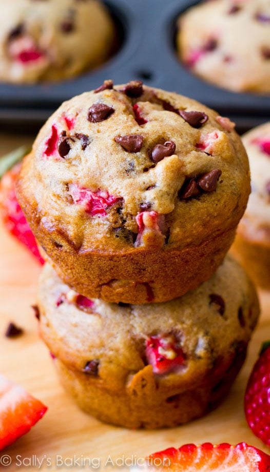stack of 2 strawberry chocolate chip muffins