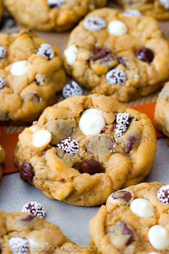 triple chocolate chip cookies on a baking sheet