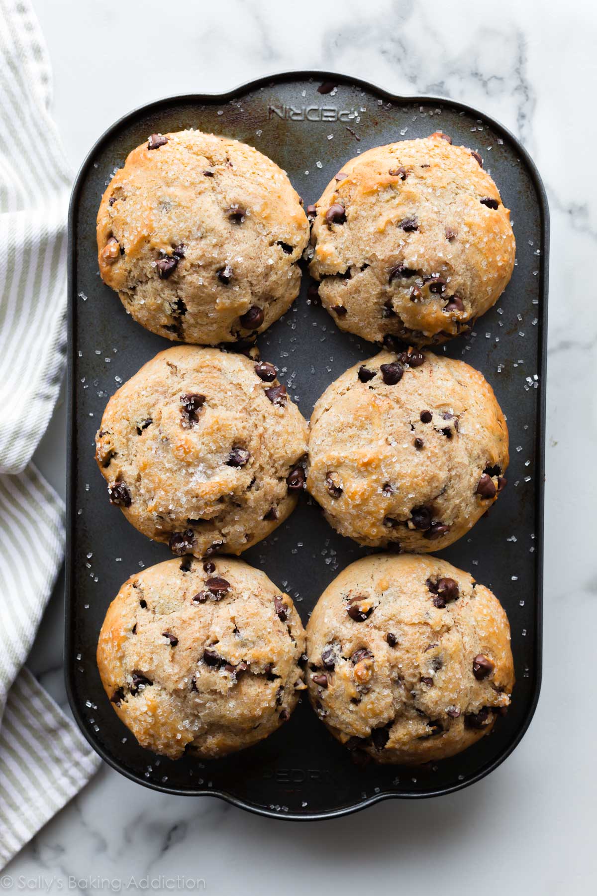 Bakery style chocolate chip muffins in jumbo muffin pan