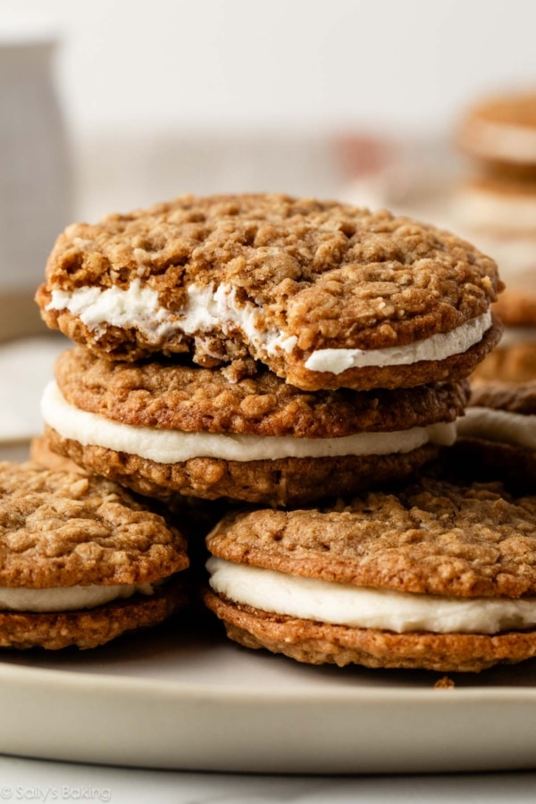 homemade oatmeal cream pies with one with a bite taken out.