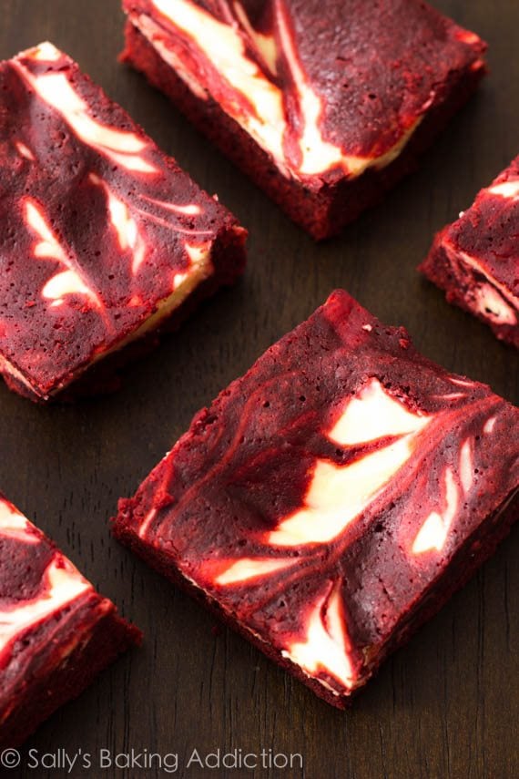 overhead image of red velvet cheesecake swirl brownies