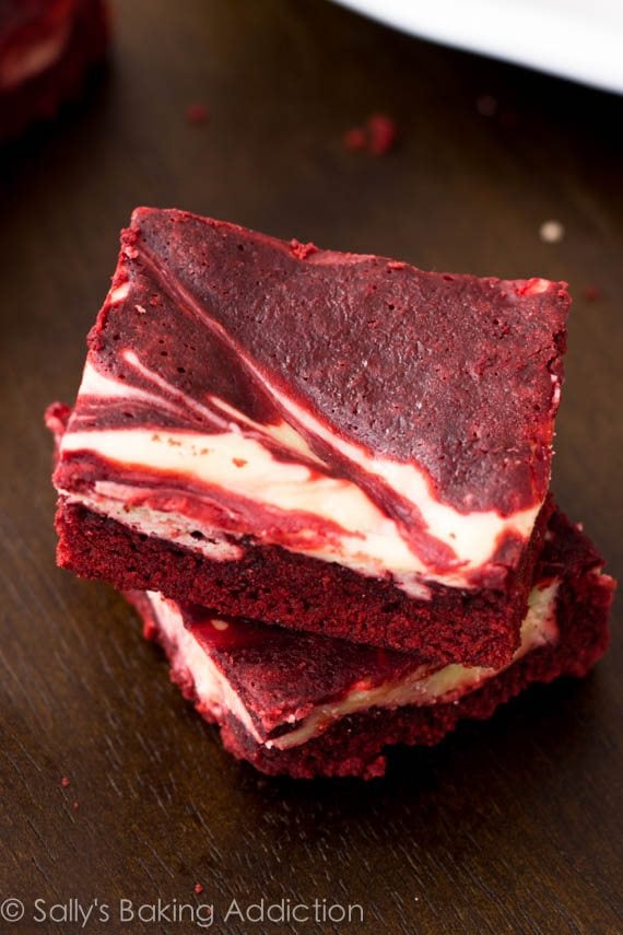 stack of red velvet cheesecake swirl brownies