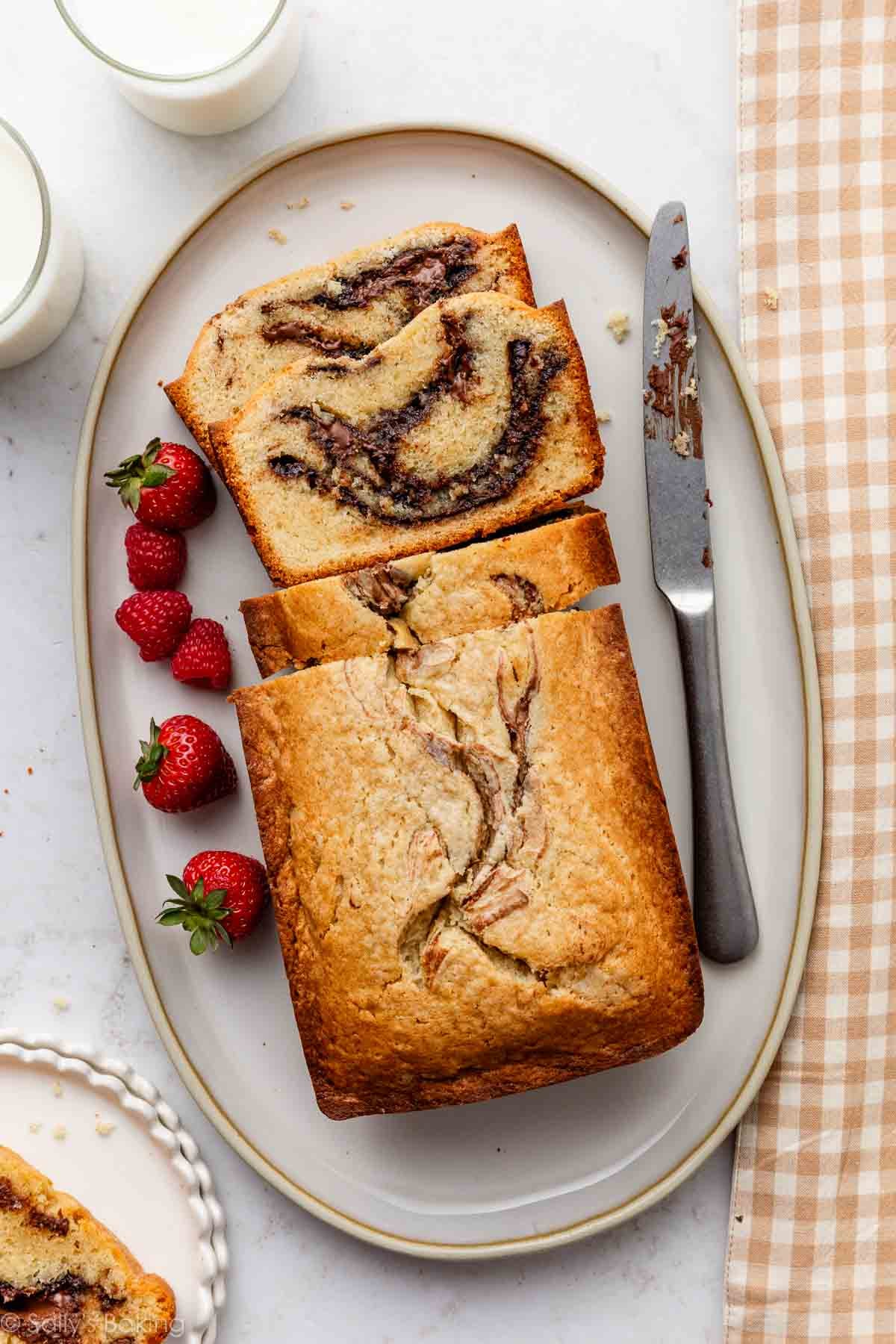 Nutella swirl pound cake with fresh berries.