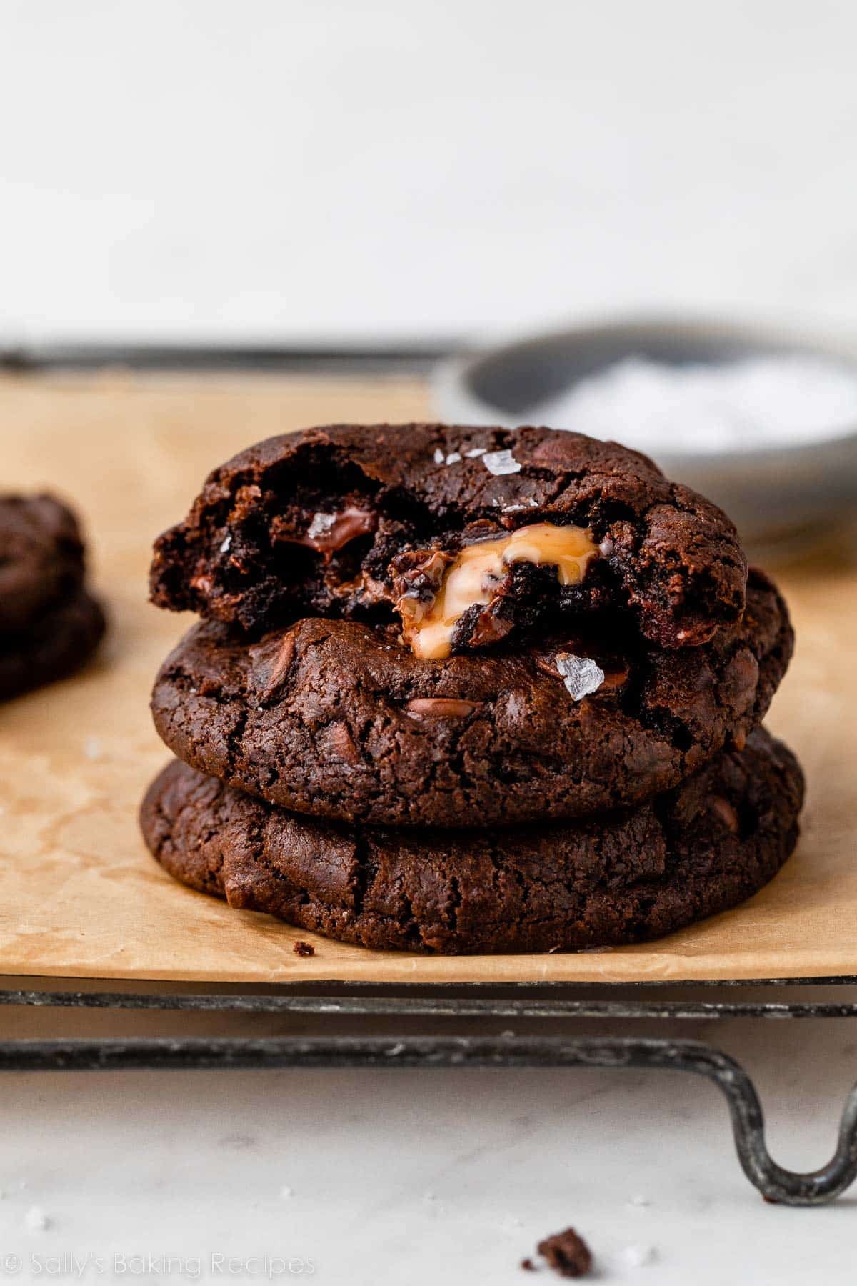 stack of chocolate cookies with caramel centers.