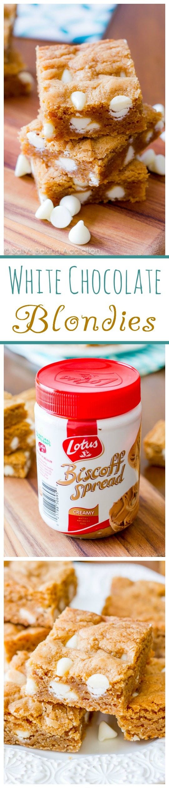 3 images of biscoff white chocolate blondies