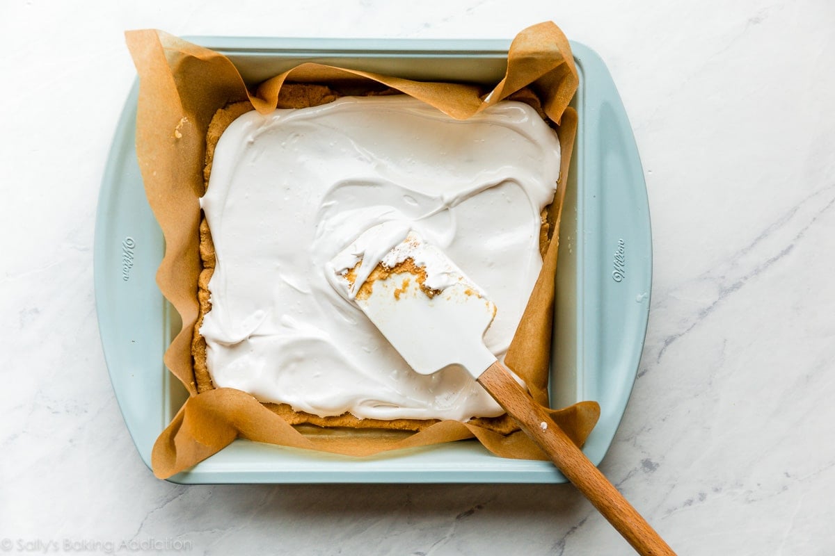 marshmallow creme spread on graham cracker cookie dough