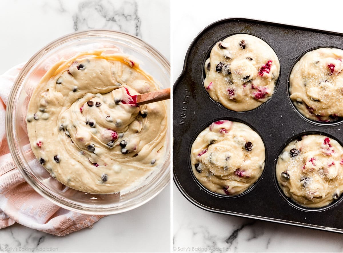 raspberry chocolate chip muffin batter in a jumbo muffin pan