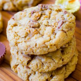 stack of peanut butter cup oatmeal cookies