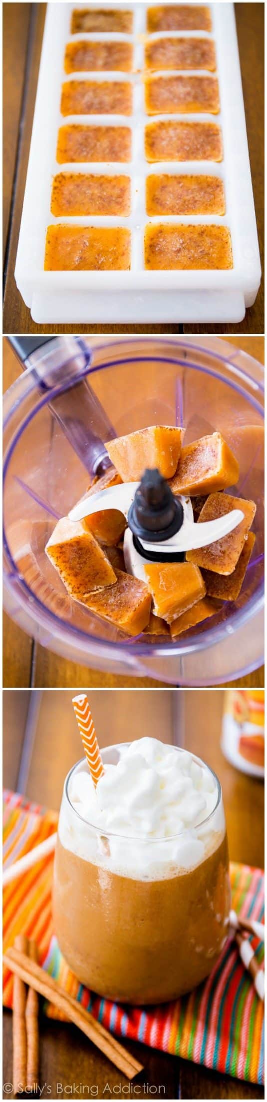 3 images showing how to make a pumpkin frappuccino