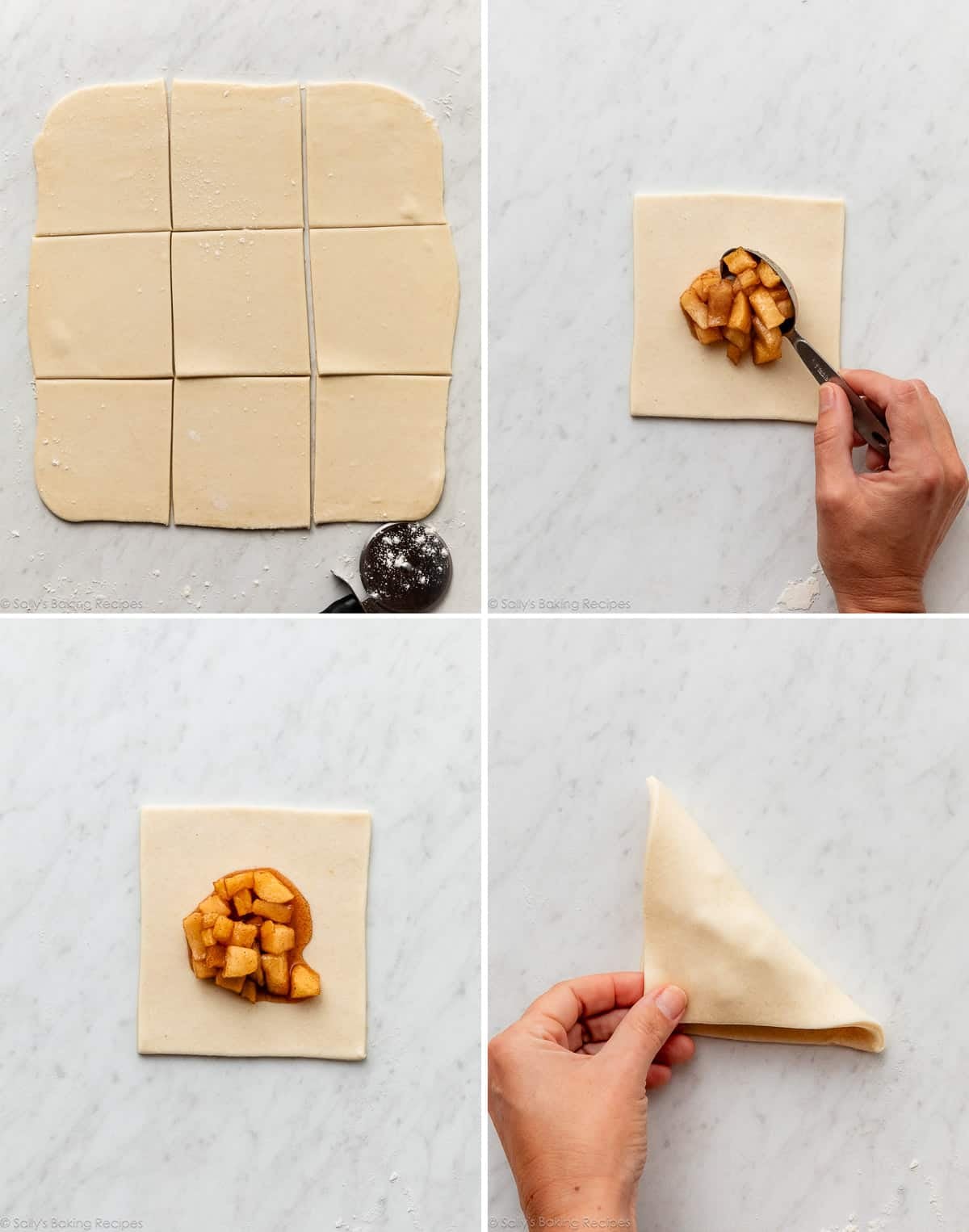 spooning filling onto and shaping turnovers.