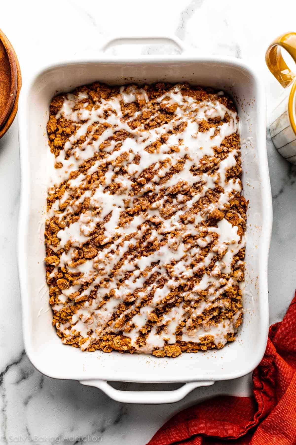 pumpkin crumb cake in white baking pan