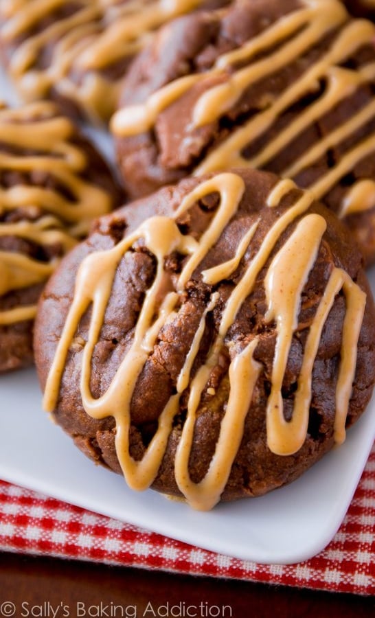 chocolate cookies with peanut butter drizzle on a white plate