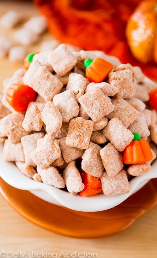 pumpkin spice puppy chow in a bowl