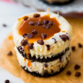 stack of 2 mini salted caramel chocolate chip cheesecakes