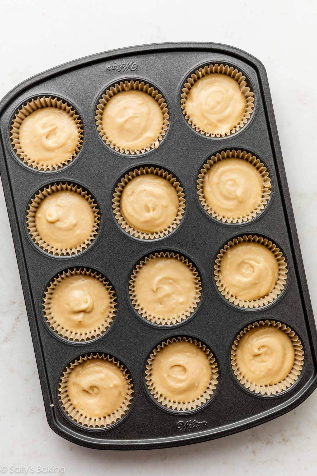 batter in a 12-cup muffin pan.