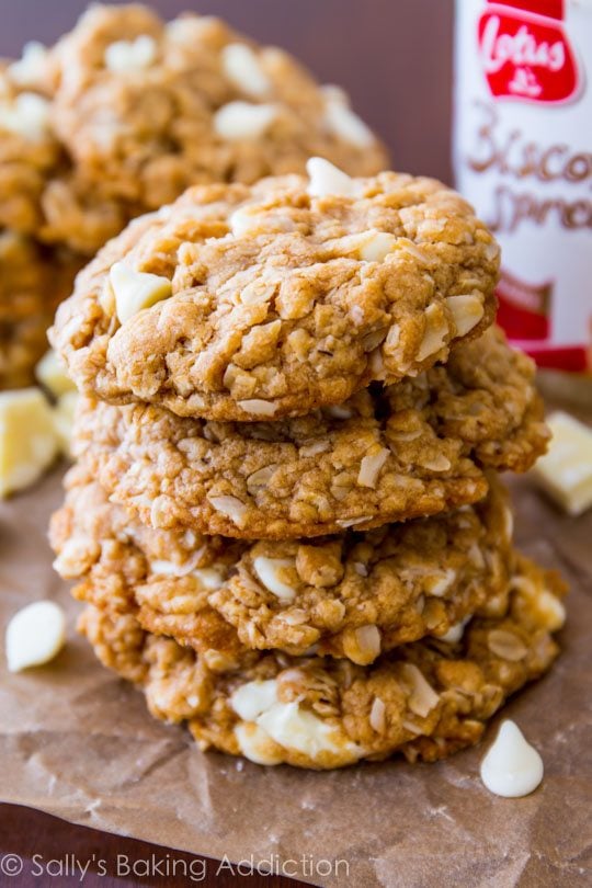 stack of Biscoff white chocolate oatmeal cookies