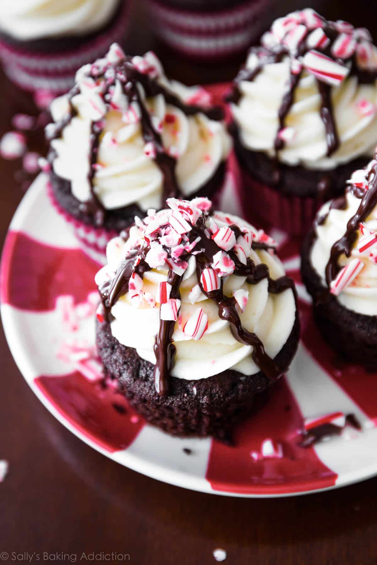 peppermint mocha cupcakes on a red and white plate