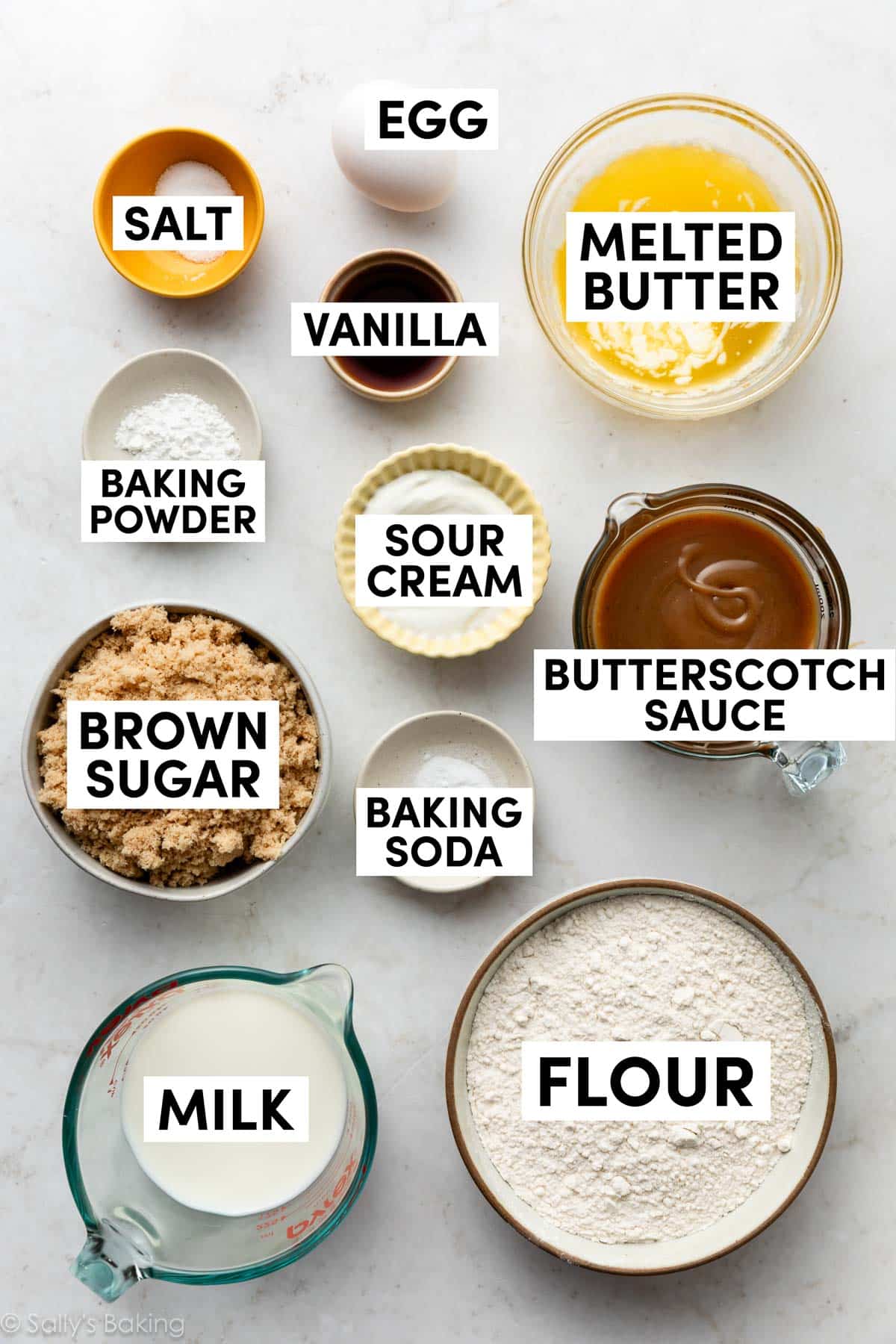 ingredients in bowls including flour, sour cream, melted butter, and brown sugar.