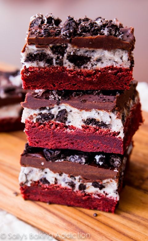 stack of red velvet Oreo brownies
