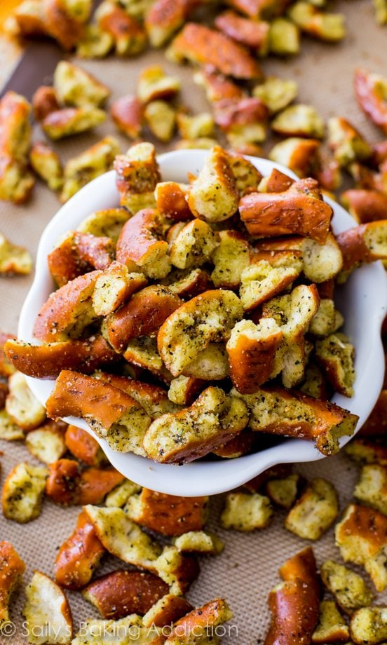 seasoned pretzels in a white bowl