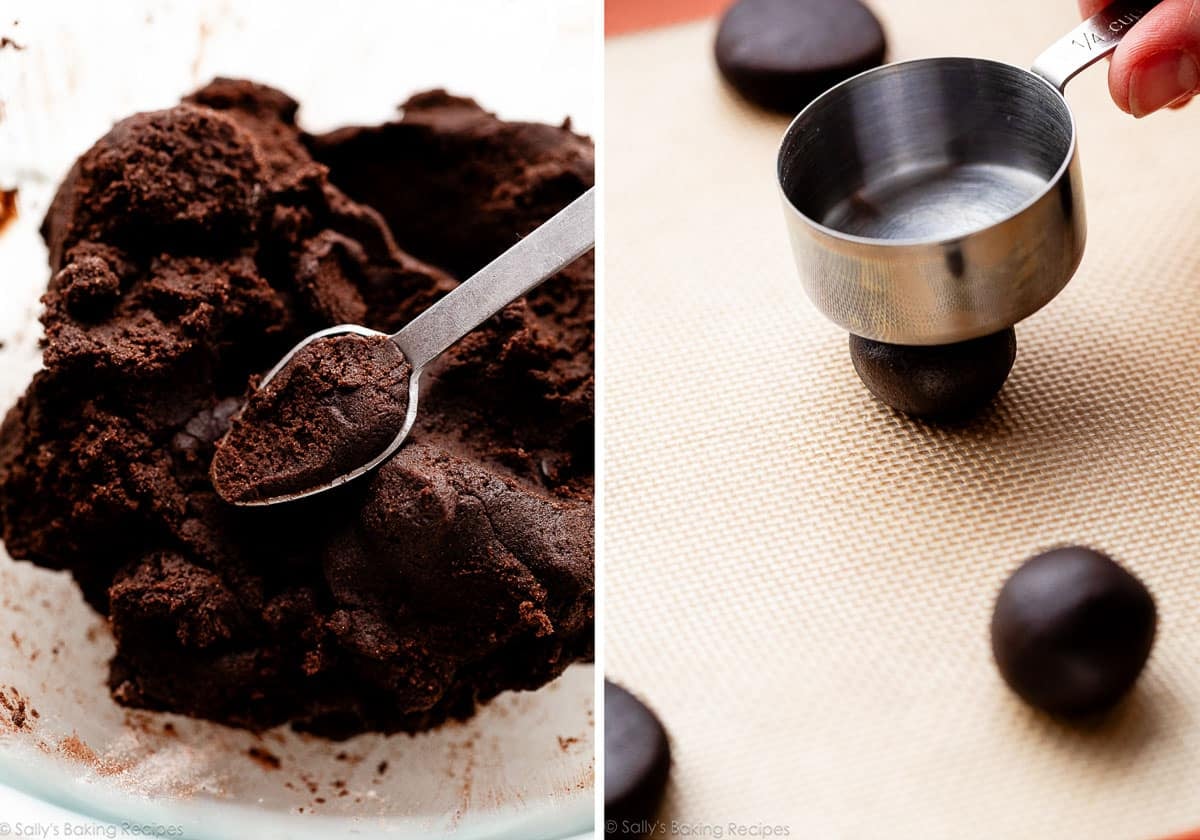 dark cocoa dough in teaspoon and shown again being pressed down with a measuring cup.