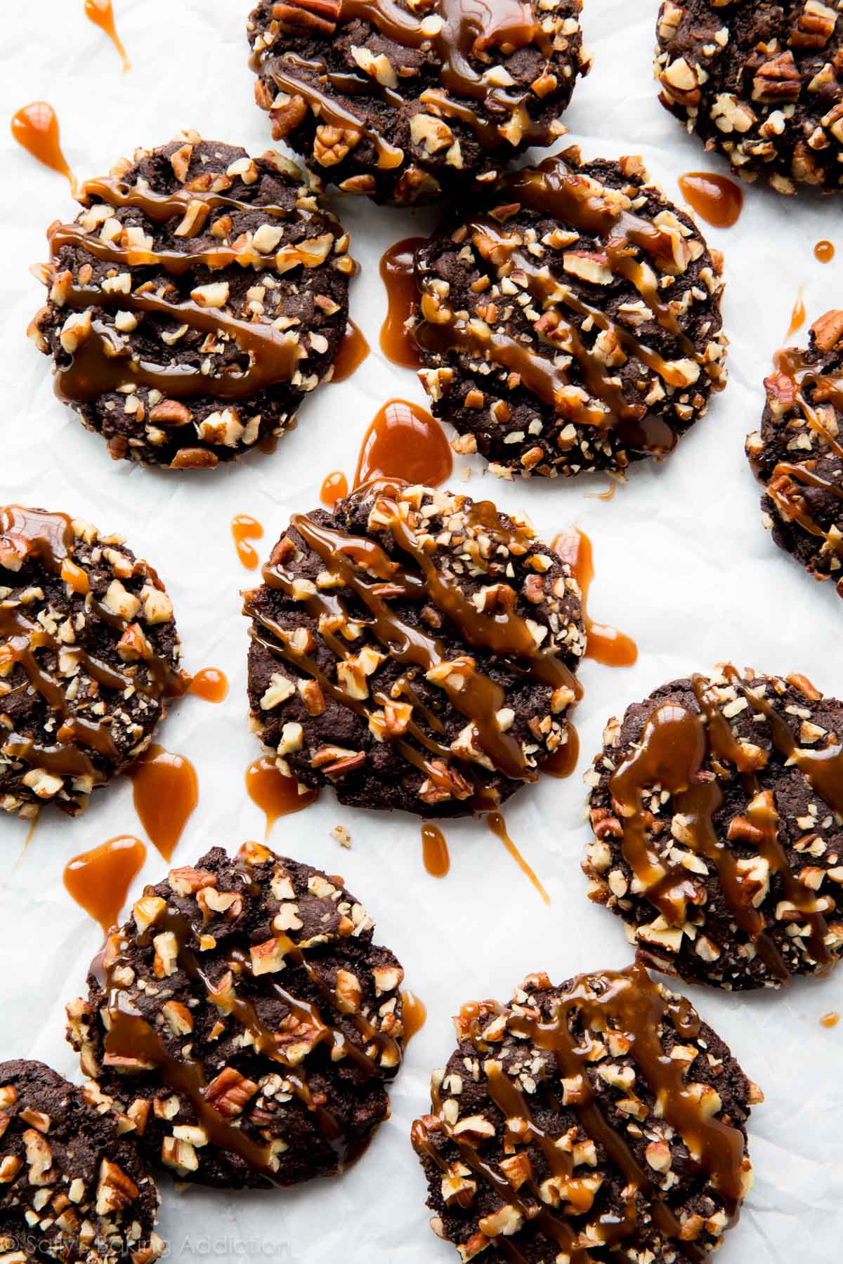 overhead image of chocolate turtle cookies