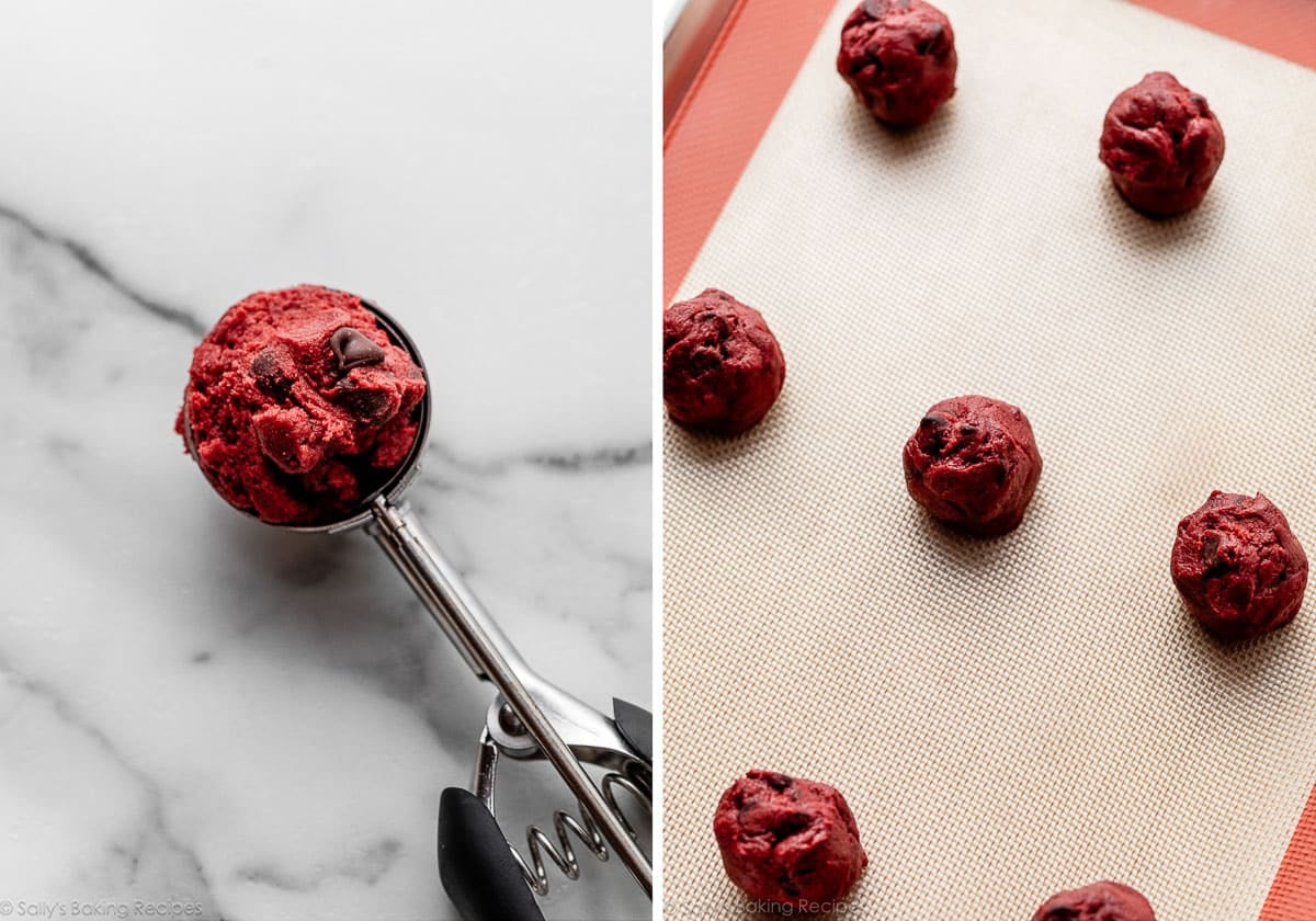 red cookie dough in cookie scoop and shown again shaped as balls on lined baking sheet.
