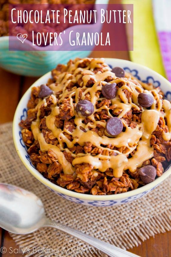 chocolate peanut butter granola in a colorful bowl