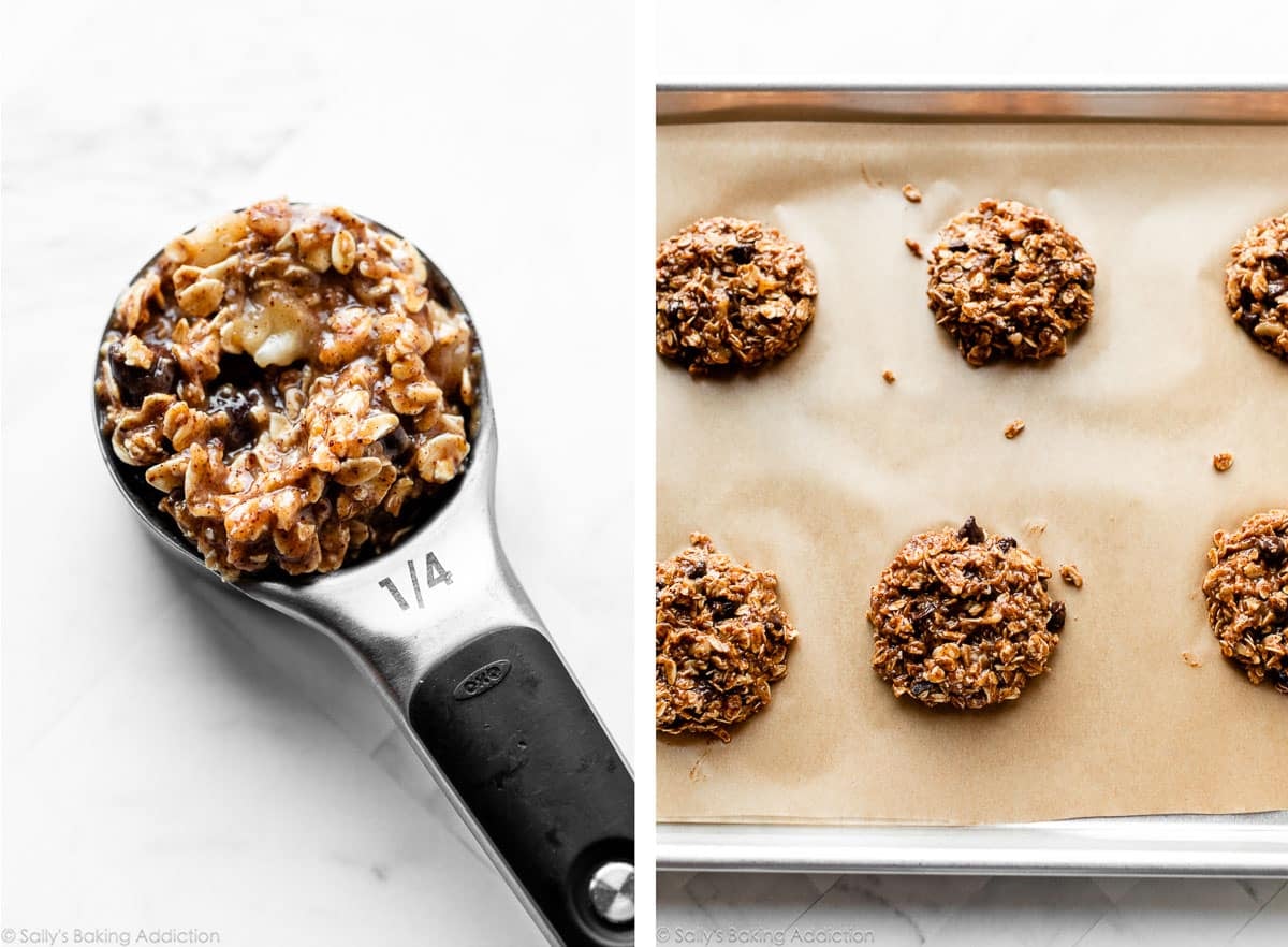 measuring cup of oatmeal dough mixture and another photo showing cookie dough on lined baking sheet.