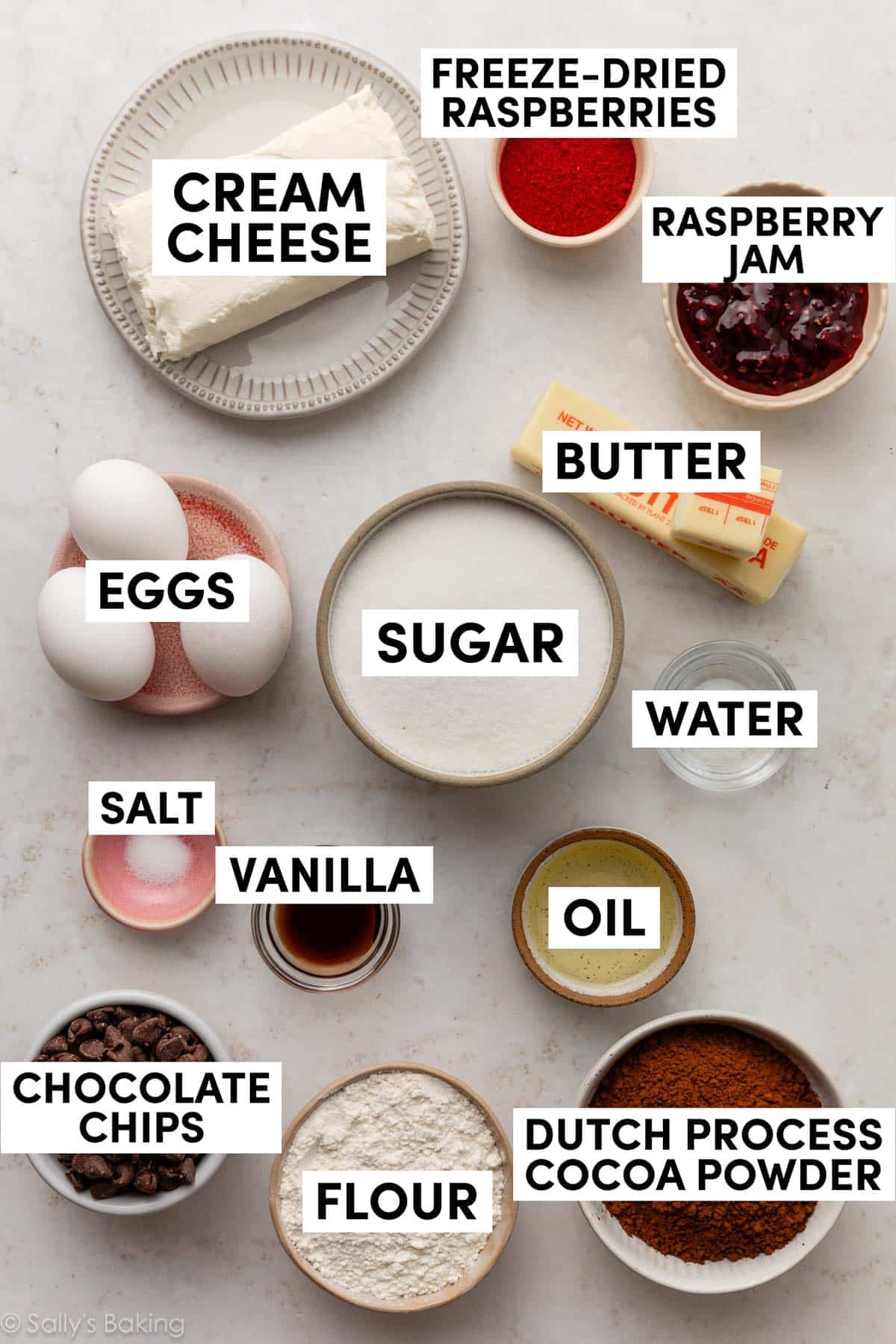 ingredients in bowls including cocoa powder, flour, butter, sugar, water, vanilla, salt, and cream cheese.