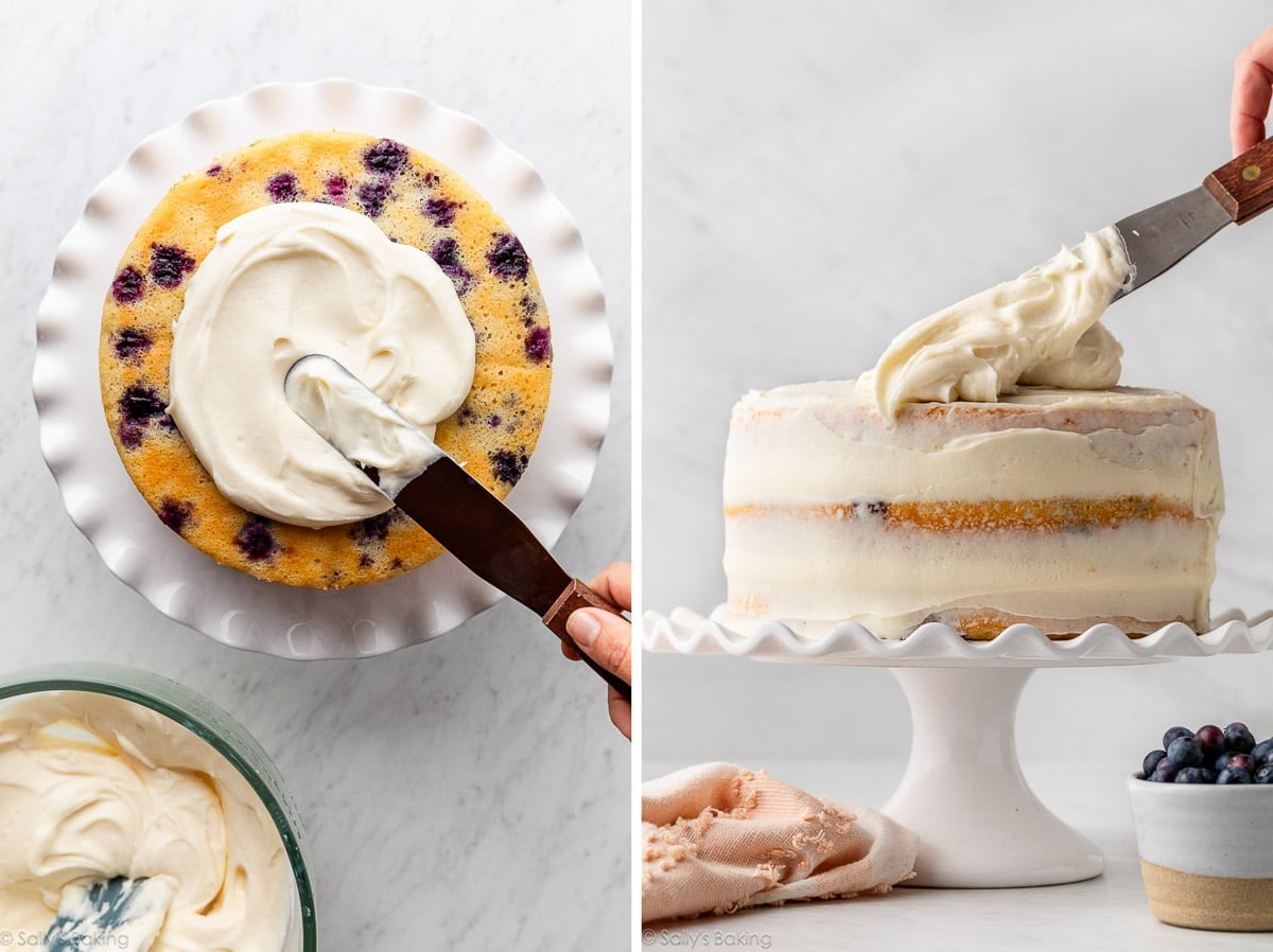 frosting a lemon blueberry cake.