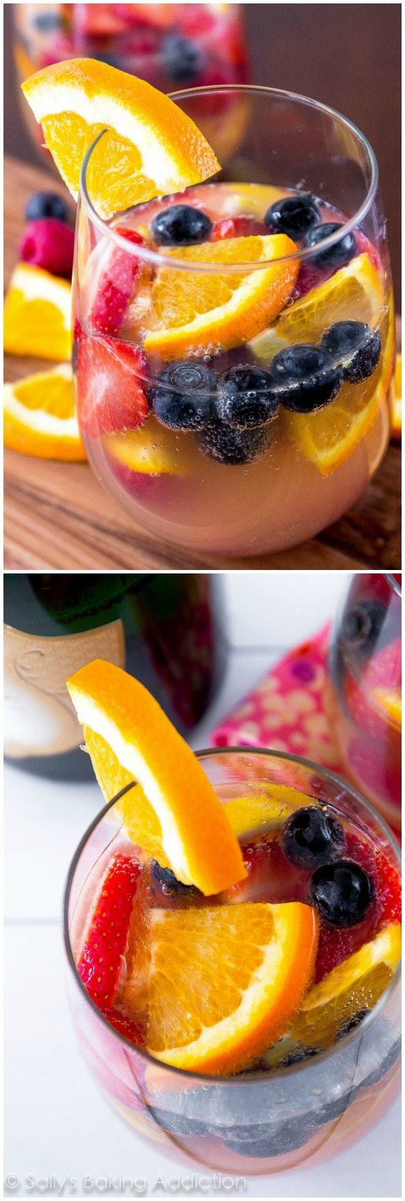 2 images of glasses of sparkling champagne sangria