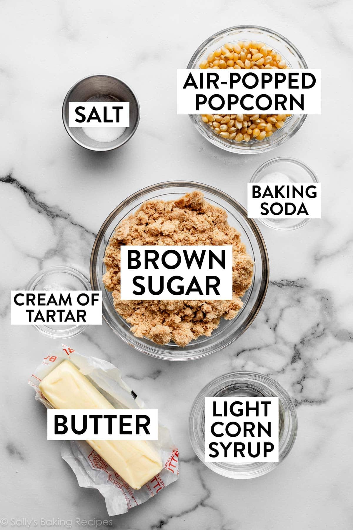 ingredients on counter including brown sugar, corn syrup, butter, cream of tartar, and corn kernels.