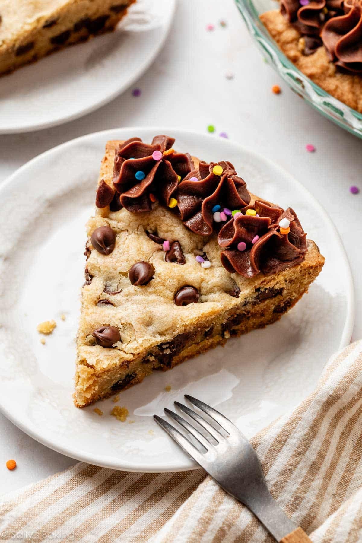 chocolate chip cookie cake with chocolate buttercream.