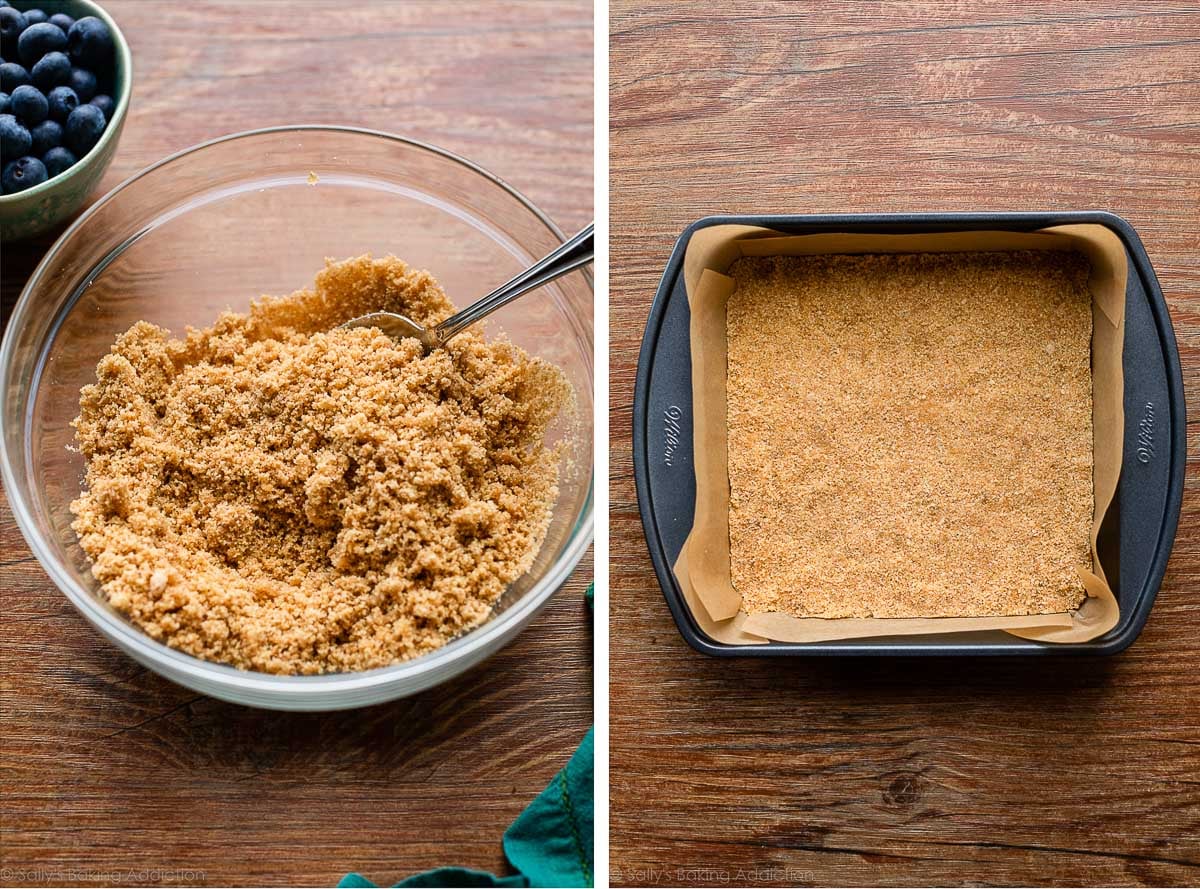 graham cracker mixture in glass bowl and shown again pressed in lined square baking pan.