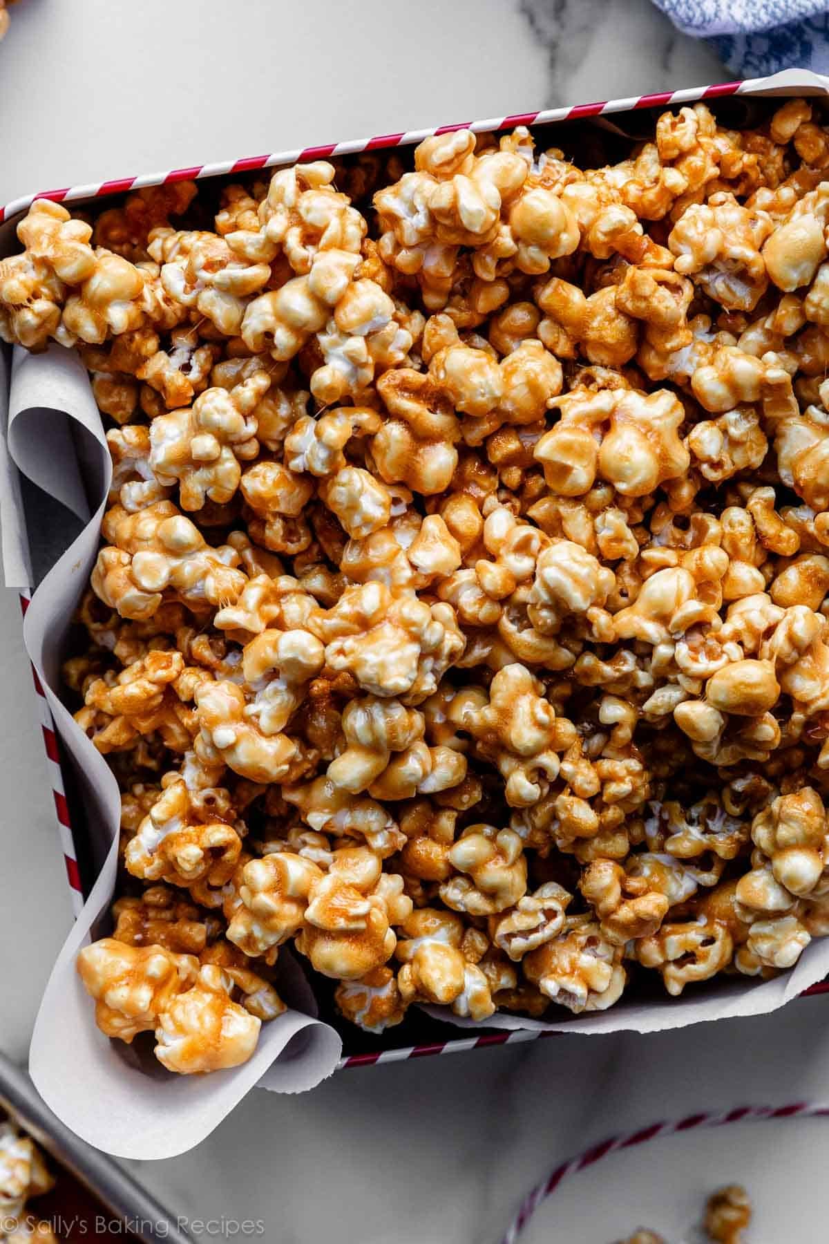 close-up of caramel popcorn in tin.