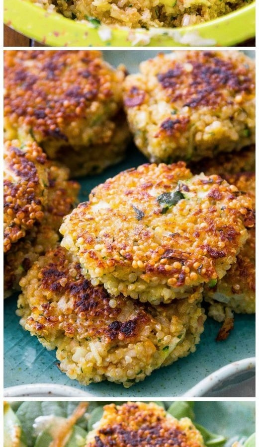 3 images of crispy quinoa patties including patty mixture in a green bowl and cooked patties