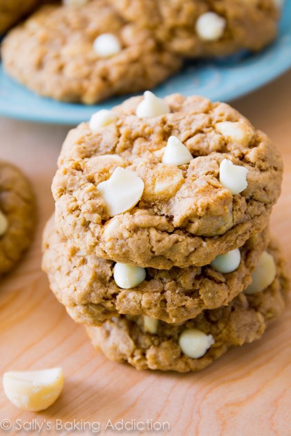 stack of white chocolate macadamia nut oatmeal cookies